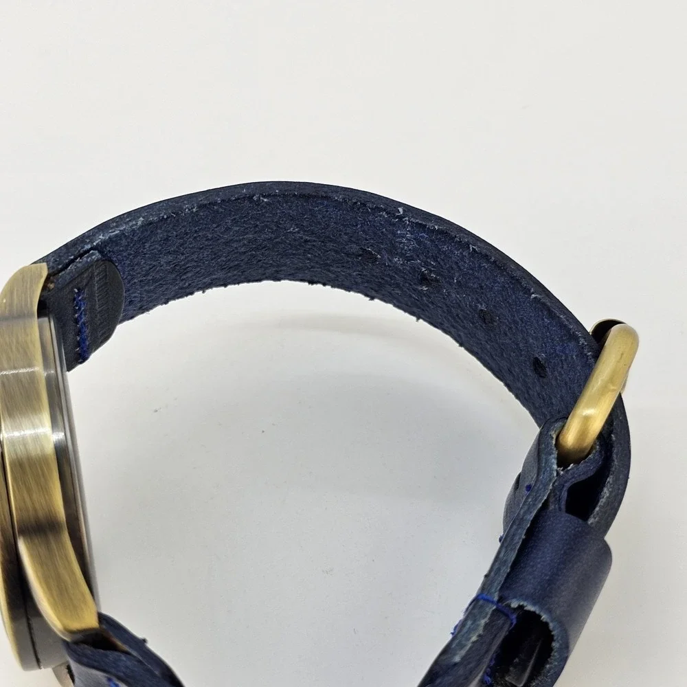 42MM Men's Analog Watch Gold Dial Dark‎ Blue Leahter Bands New Battery